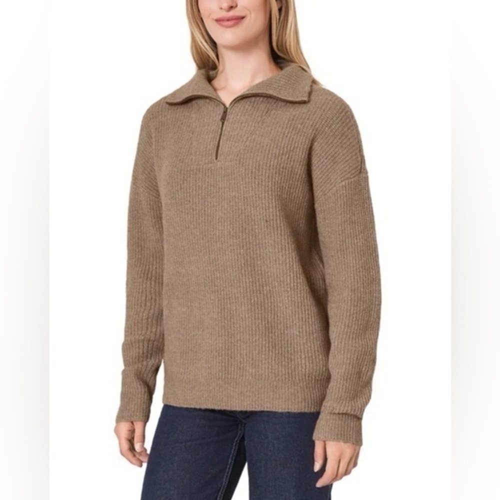 Modern Ambition Women's Ribbed Half-Zip Pullover Sweater in Taupe